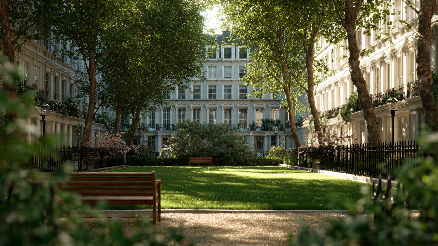 Quiet residential garden square surrounded by historic terraces, representing elegant green spaces in London