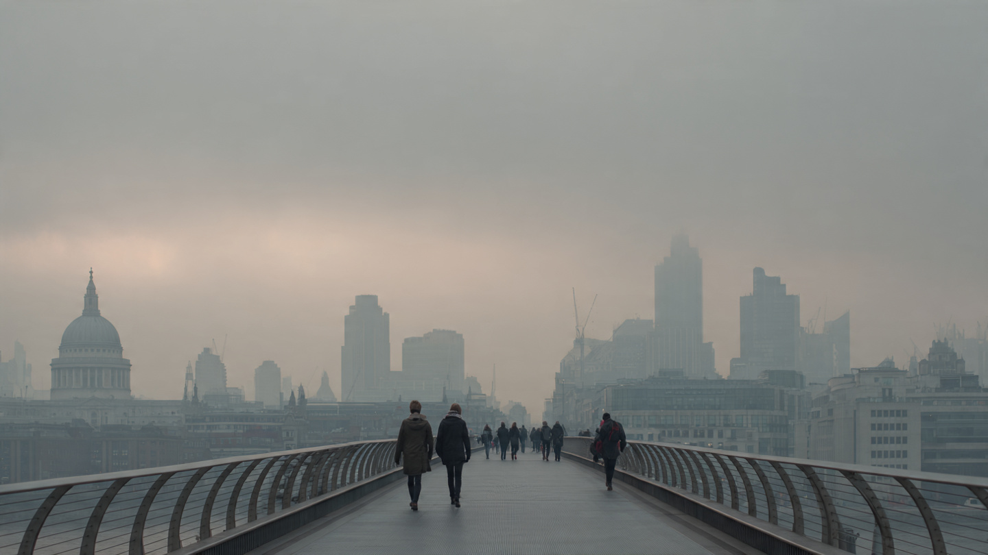 London weather travel guide showing pedestrians walking across a bridge under heavy cloud cover and misty city skyline