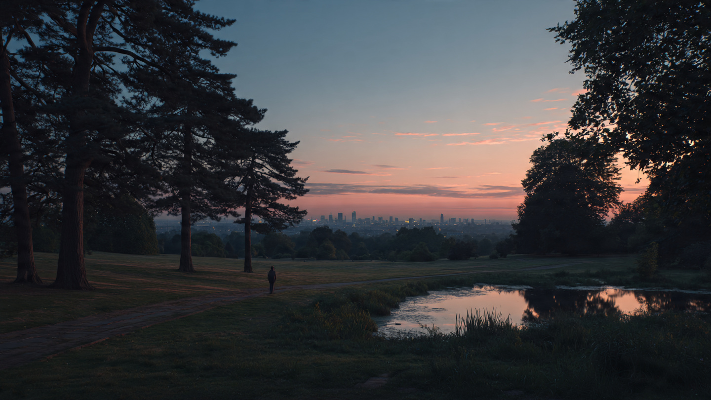 Dusk skyline view from open landscape inside parks in London with reflective pond and trees