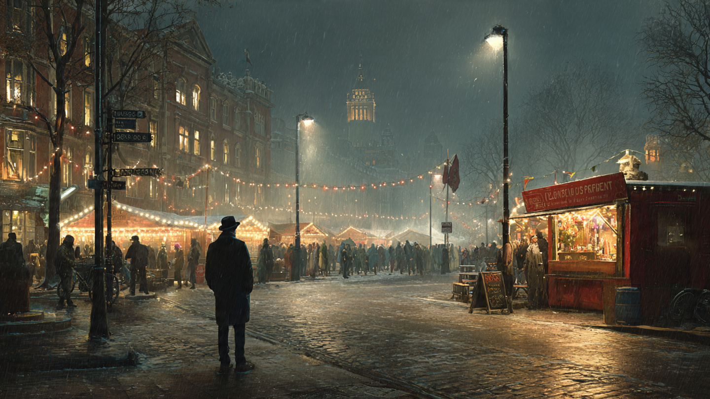 First-time visitors exploring christmas markets in london on a snowy evening with festive stalls and city lights