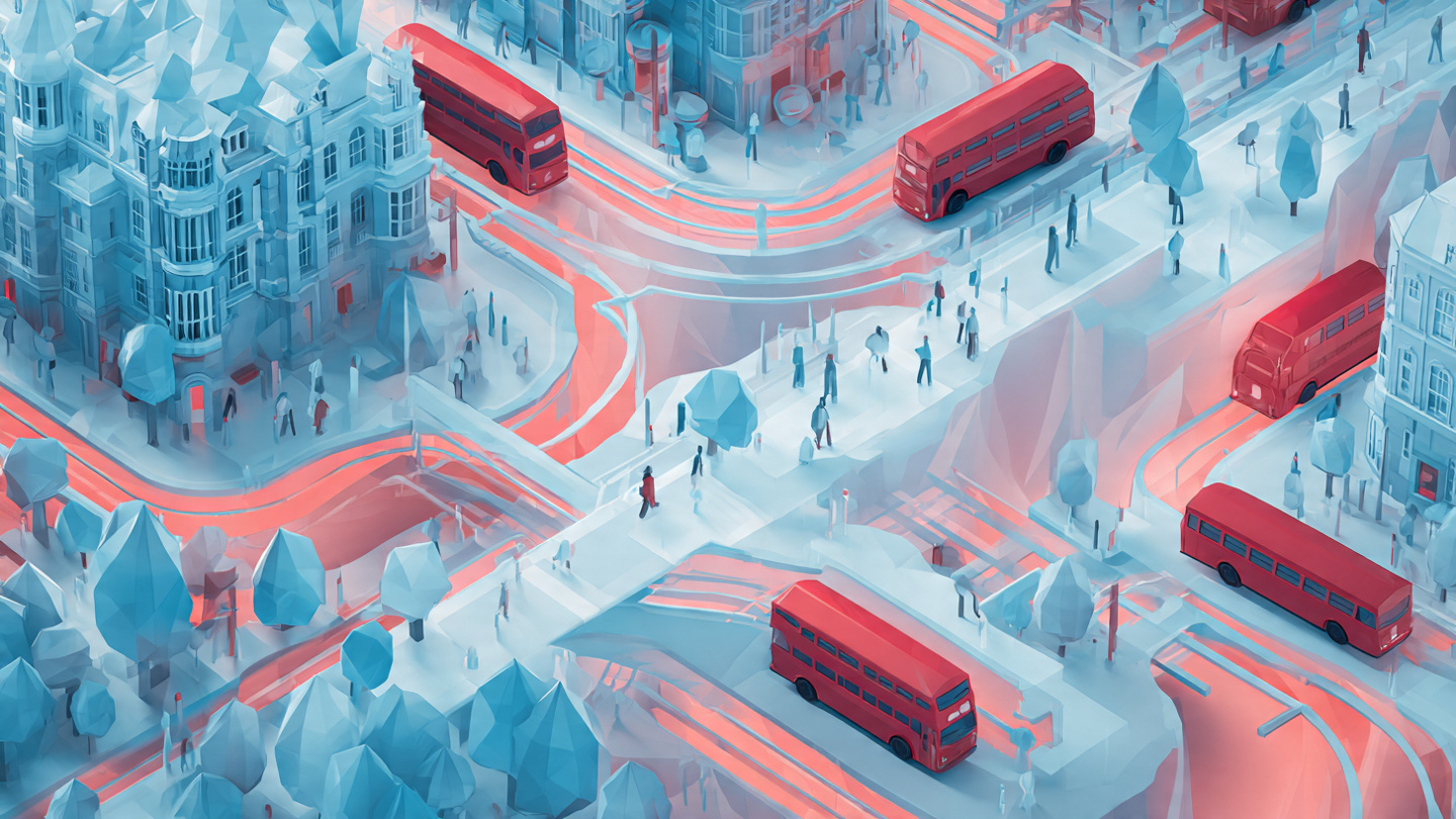 Animated illustration showing multiple London transport routes and walking paths intersecting, representing london travel mistakes to avoid when misunderstanding how transport options connect across the city.