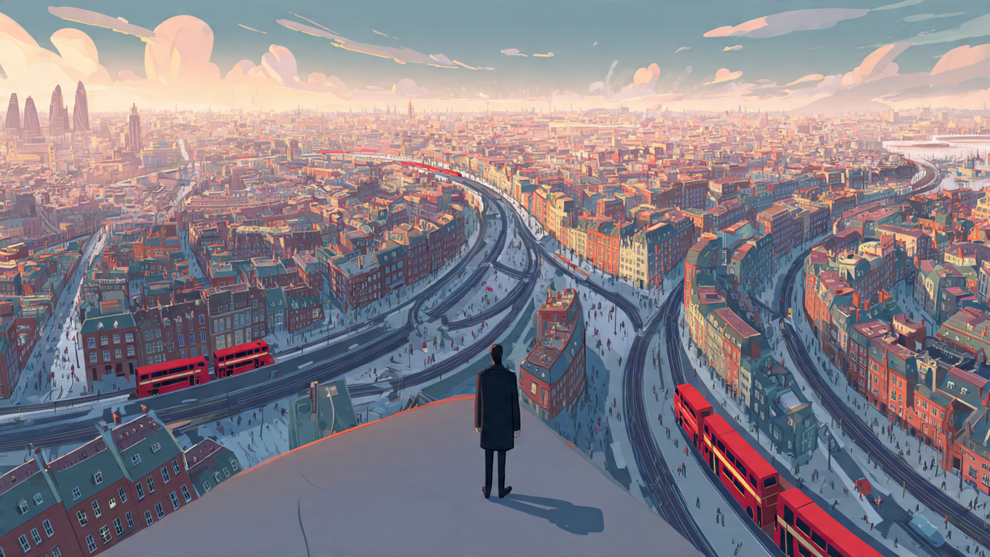 Animated illustration showing the vast scale of London and complex road networks, highlighting london travel mistakes to avoid when underestimating daily travel time and distance.