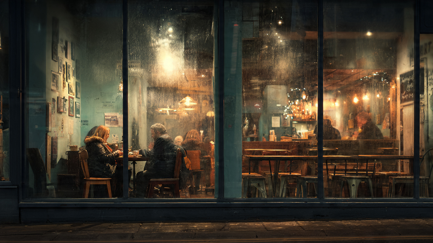 Things to do in London in winter by relaxing inside a cozy café, enjoying warm drinks, and escaping the cold evening streets